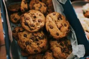 Brown chocolate chip cookies fresh out of the oven.