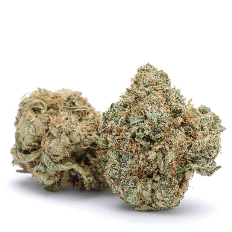 Gelato strain bud. Two light green cannabis nuggets sit on a white background.