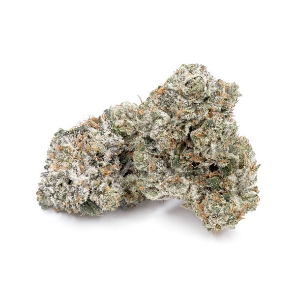 Bubba Kush strain. 2 light green buds sit on a white background.