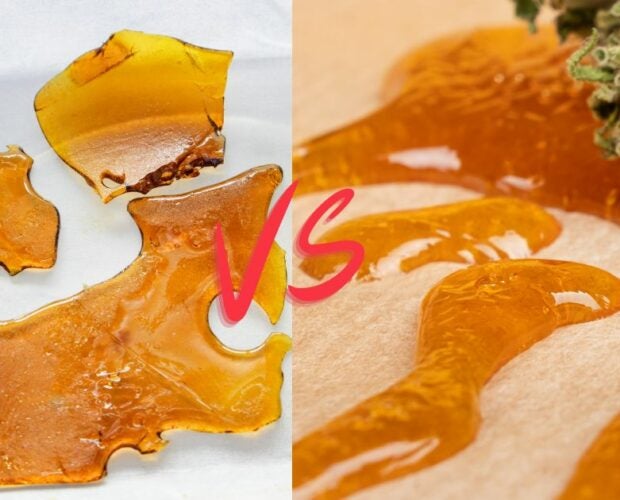 Shatter and wax side-by-side comparison. Orange glass-like substance is on the left in contrast to wax-like substance on the right.