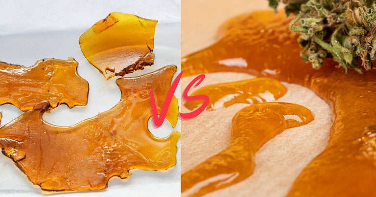Shatter and wax side-by-side comparison. Orange glass-like substance is on the left in contrast to wax-like substance on the right.