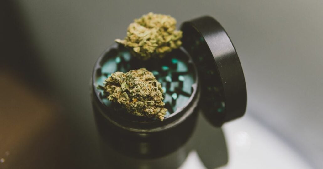 Black plastic cannabis grinder sits on a table.  2 nuggets of cannabis flower sit on top of the grinder.