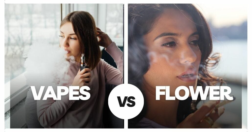 Two young women shown in contrast to each other. One is smoking a vape, the other is enjoying a cannabis pre-roll.