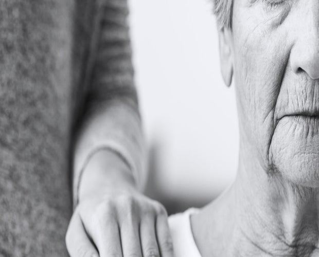 Elderly Woman with Alzheimer black and white Oil capsules - Cannabis Alzheimer's Prevention