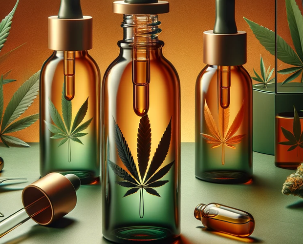 Bottles of Cannabis Tinctures placed next to hemp leaf