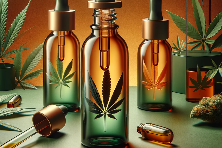 Bottles of Cannabis Tinctures placed next to hemp leaf
