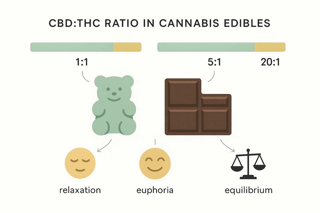 Minimalist infographic compares CBD: THC ratios in cannabis edibles, showing gummies and chocolates with color-coded bars and icons for relaxation, euphoria, and balance.
