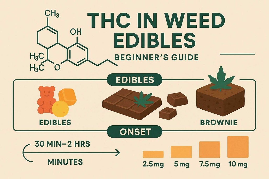 Educational infographic showing THC molecule, gummies, chocolate, brownies, a timeline comparing edible versus smoking effects, and a dosage chart from 2.5mg to 10mg, designed for beginners with clear, accessible visuals and modern layout.