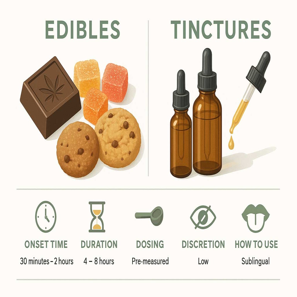 Educational infographic clearly comparing cannabis edibles and tinctures for modern consumers, showing chocolate, gummies, a cookie, and tincture bottles with concise icons for onset time, duration, dosing, discretion, and usage, set in soft sage greens and gold on a crisp white background.