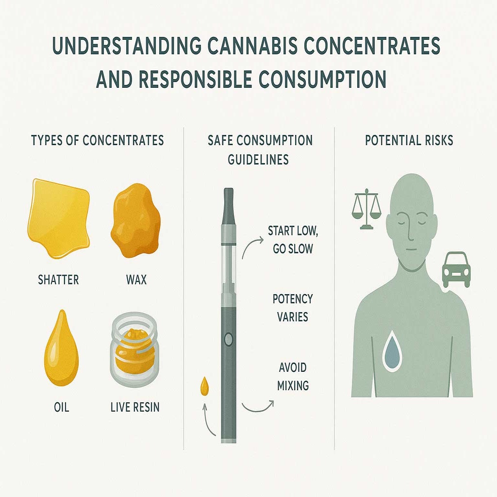 Minimalist infographic showing types of cannabis concentrates, safe consumption tips, and potential risks. Includes vector illustrations of shatter, wax, oil, live resin, vaporizer pen usage diagram, and icons for responsible use like balance, hydration, and no driving. Neutral, educational style.
