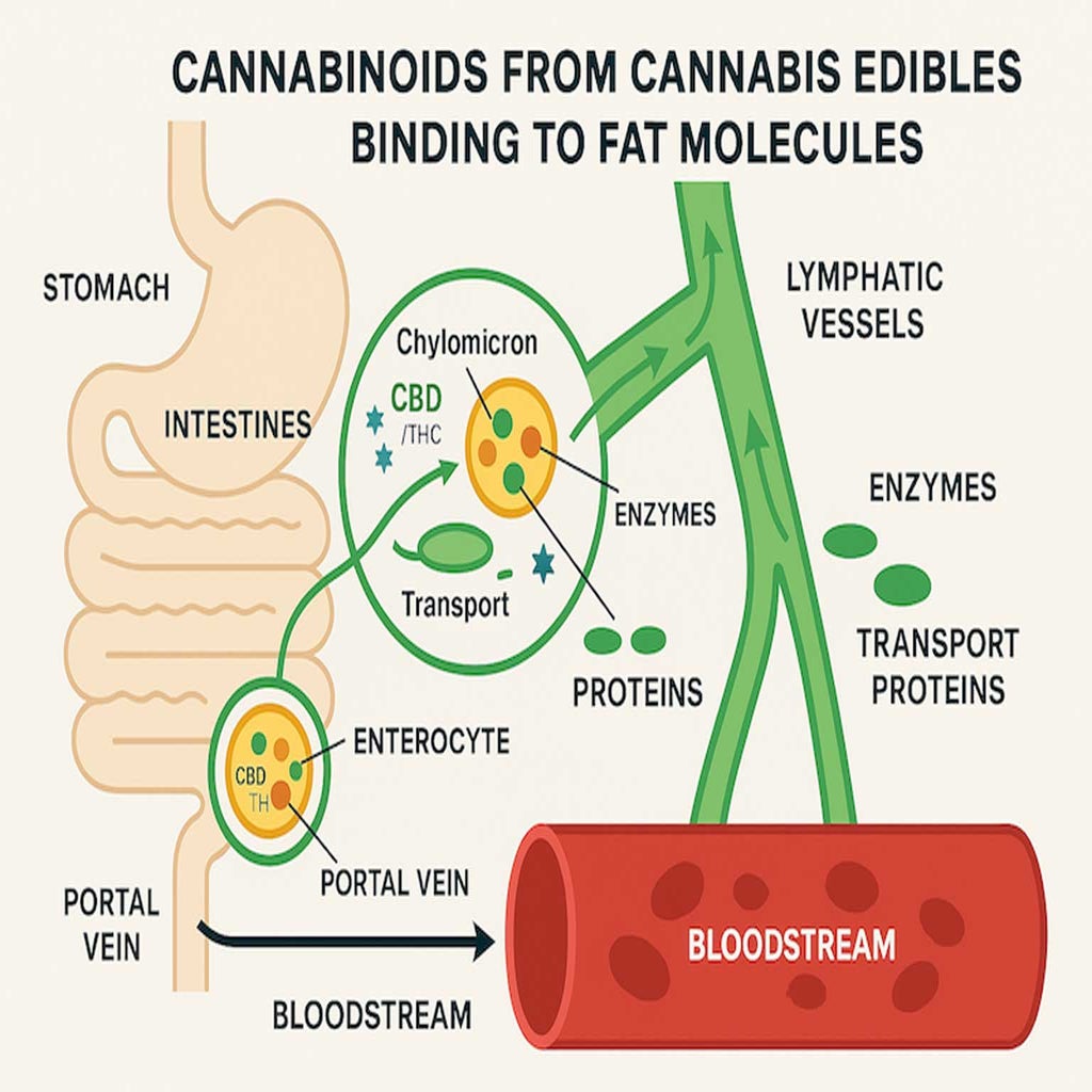 Scientific diagram showing cannabinoids from cannabis edibles binding to fat molecules in the digestive tract, with labelled intestines, lymphatic vessels, bloodstream, enzymes, and transport proteins. 