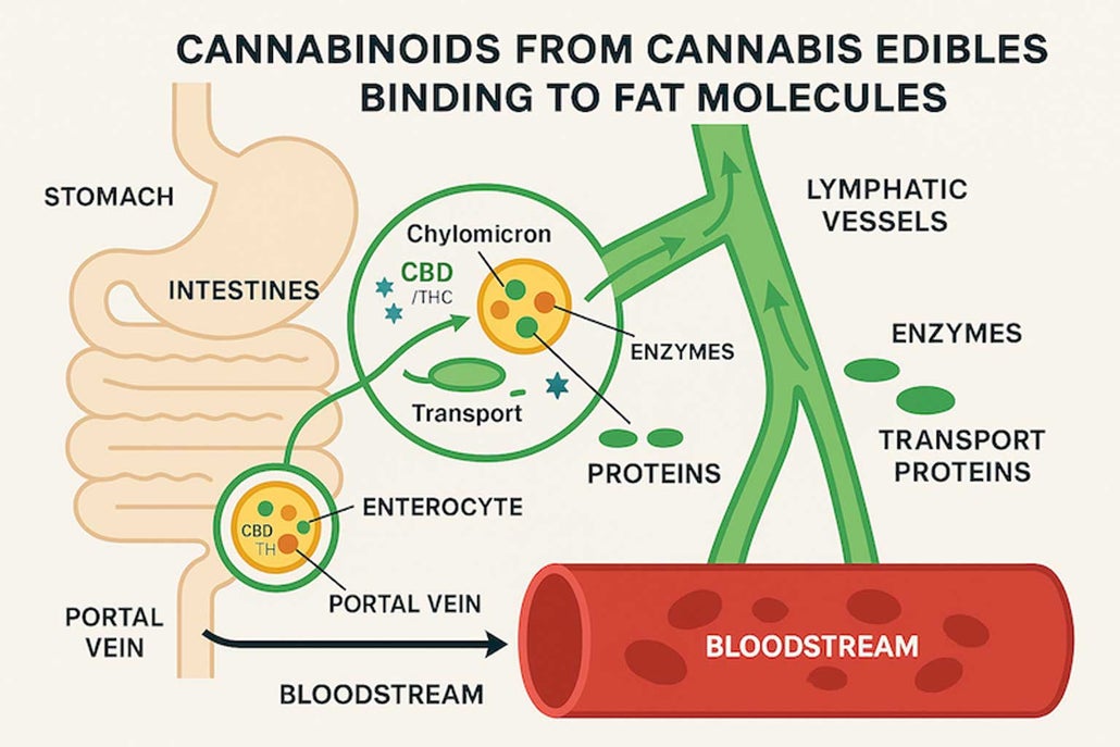 Scientific diagram showing cannabinoids from cannabis edibles binding to fat molecules in the digestive tract, with labelled intestines, lymphatic vessels, bloodstream, enzymes, and transport proteins.