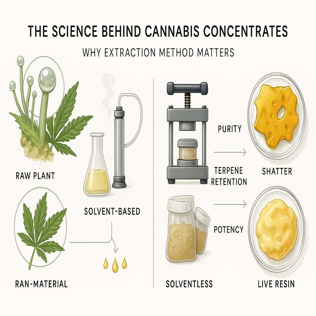 Educational infographic illustrating cannabis concentrates. Shows trichomes, raw plant material, solvent-based and solventless extraction methods, and three concentrate forms: shatter, wax, live resin.
