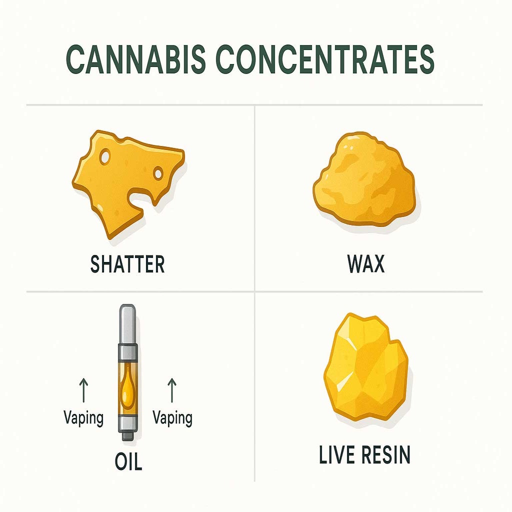 Educational infographic displaying four cannabis concentrate types: shatter, wax, oil (in a vape cartridge), and live resin, with labeled vector illustrations and icons showing consistency and main uses. Clean, minimalist design with separated sections on a white background, ideal for beginners learning about cannabis extracts.