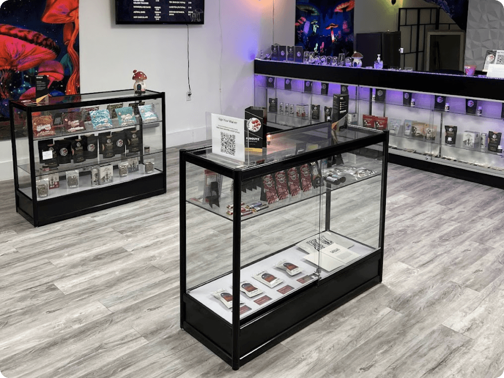 Funguyz 181 Baldwin Street store, products on glass shelves inside the dispensary