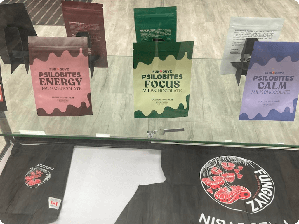 Funguyz 181 Baldwin Street store, products on the counter inside the store and Psilobites magic mushroom chocolate