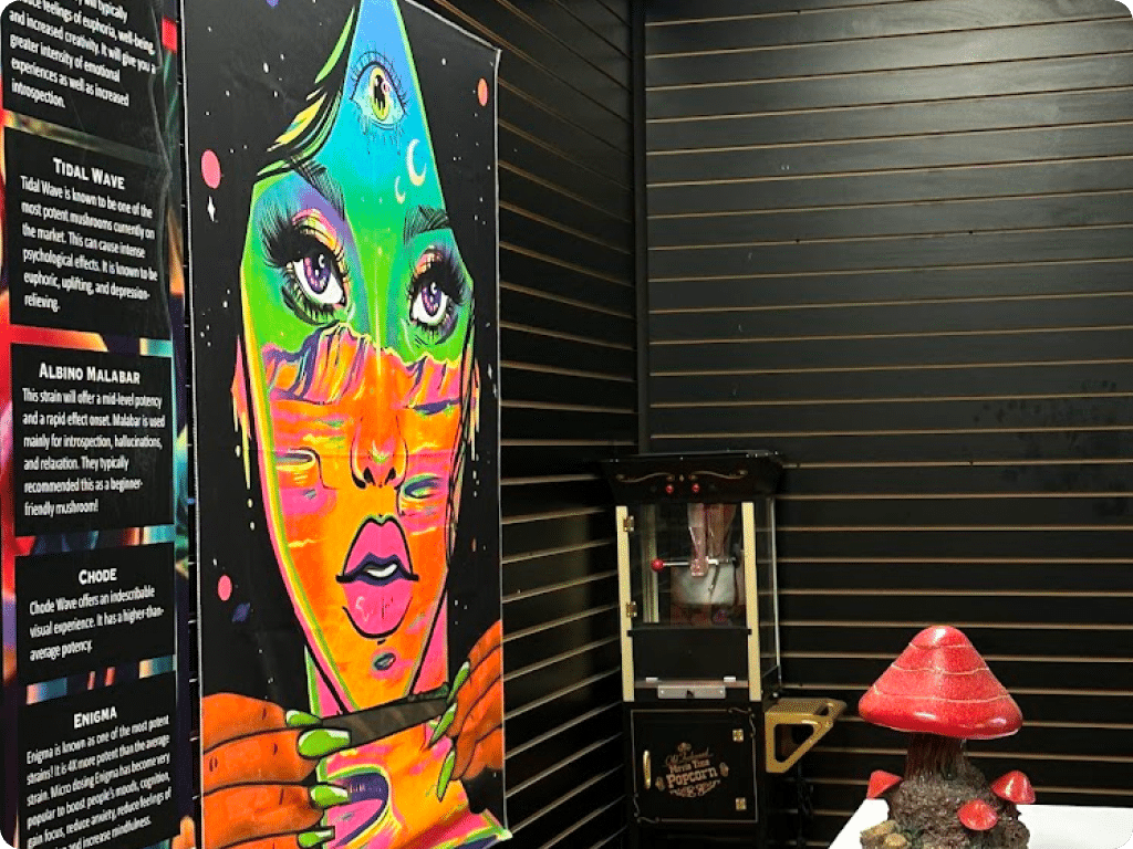 Painting on a wall, a portrait of a woman, inside Funguyz Magic Mushroom Dispensary on Queen Street East