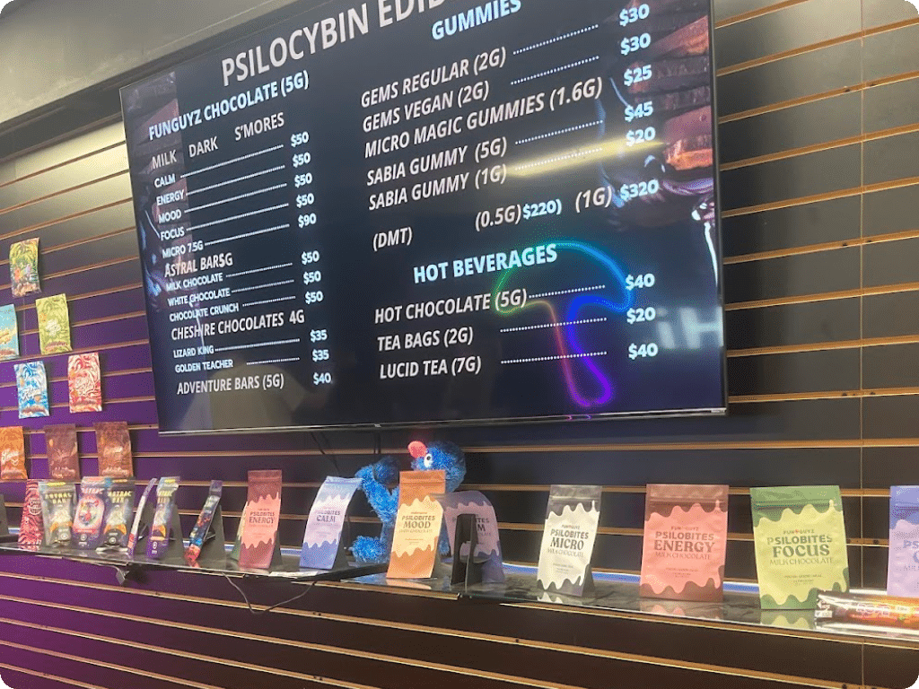 Products on shelves, magic mushrooms, in Queen Street East dispensary in Toronto