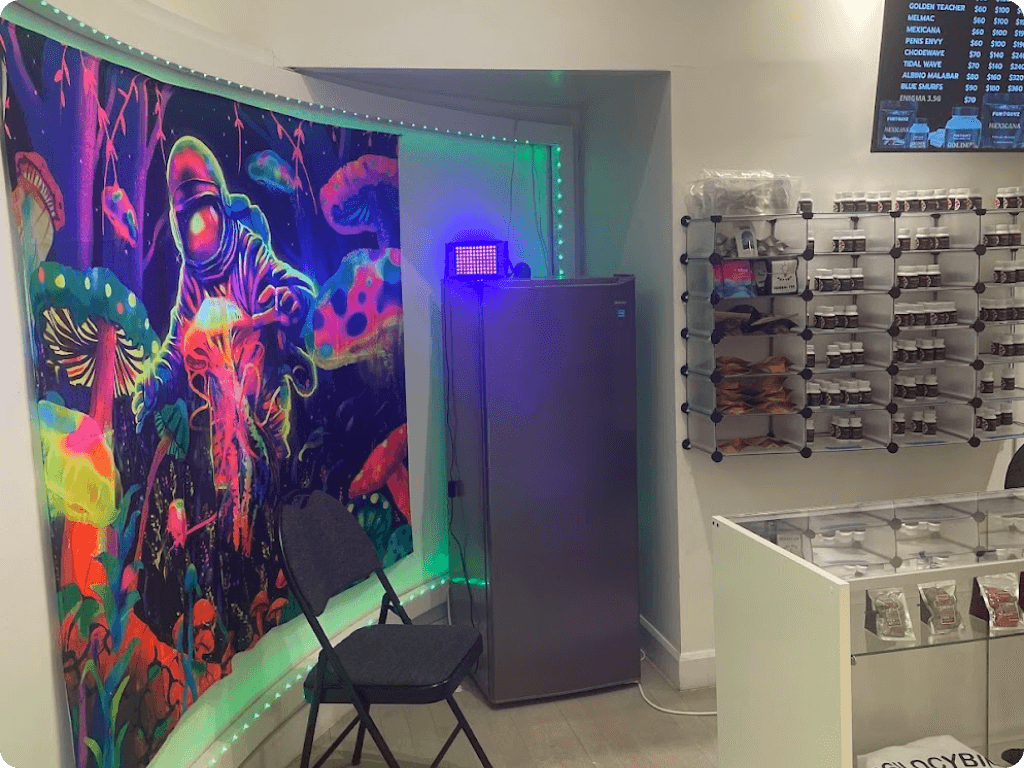 The counter area at the Funguyz magic mushroom dispensary on Danforth Avenue