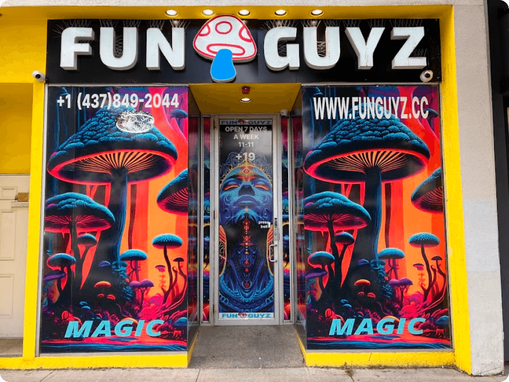 Closer shot of the Funguyz magic mushroom dispensary on Danforth Avenue