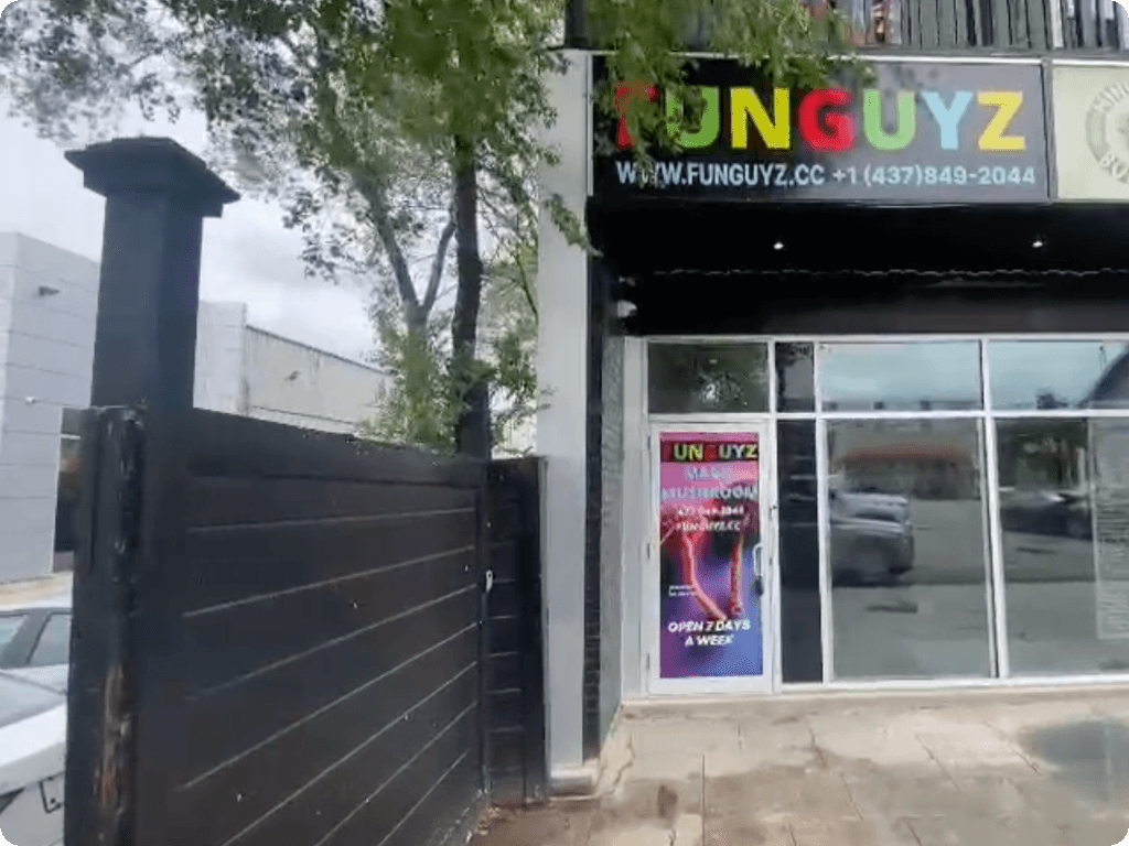 The entrance to Funguyz magic mushroom dispensary in Etobicoke