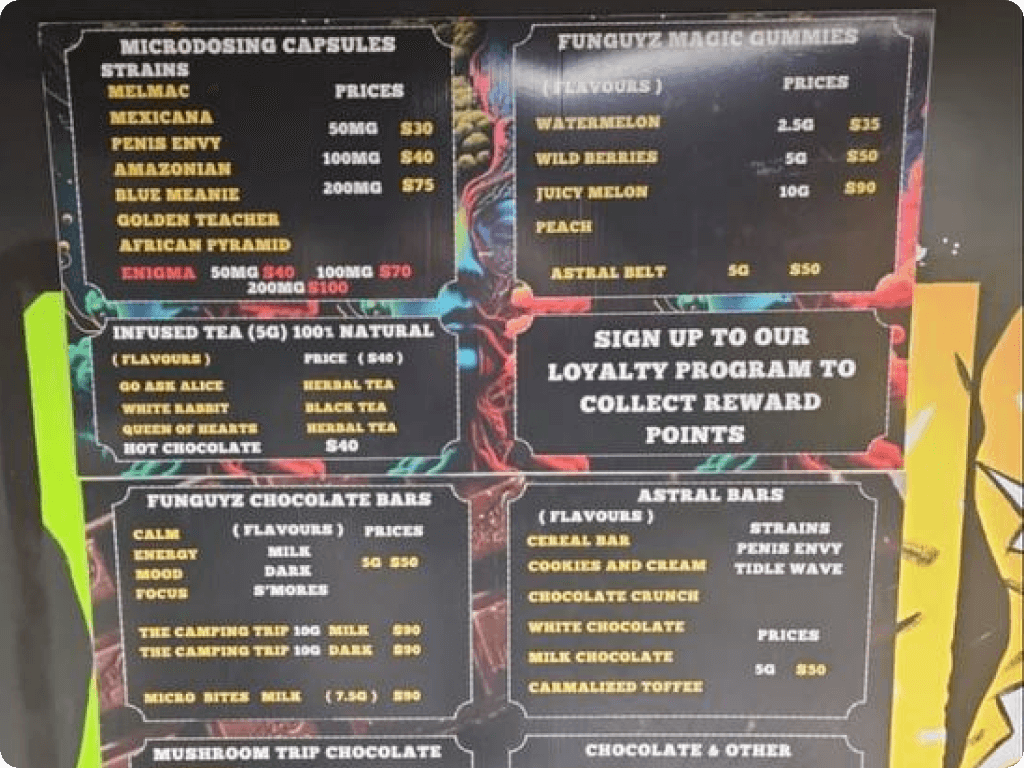 funguyz-magic-mushrooms-dispensary-barrie-dunlop-street-2 Funguyz magic mushrooms dispensary in Barrie, the menu inside the store
