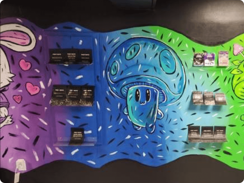 funguyz-magic-mushrooms-dispensary-barrie-dunlop-street-4 Shelves with products and a colorful painting on the wall at Funguyz magic mushrooms dispensary in Barrie