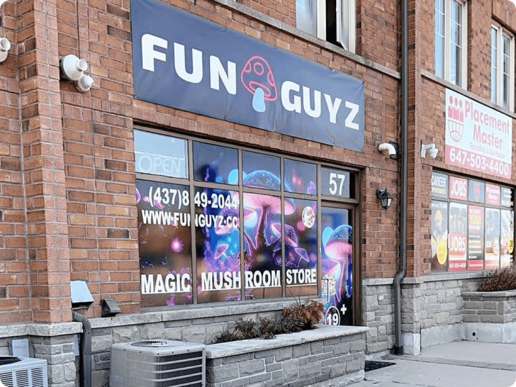 Funguyz magic mushrooms dispensary in Brampton, view on the storefront from the street