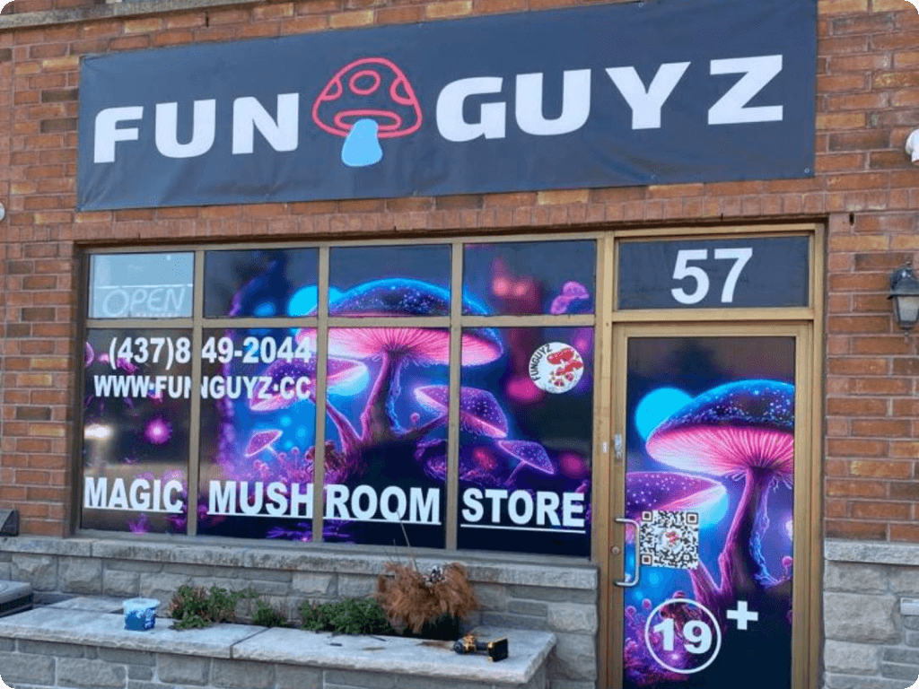 Funguyz magic mushrooms dispensary in Brampton, store windows from outside