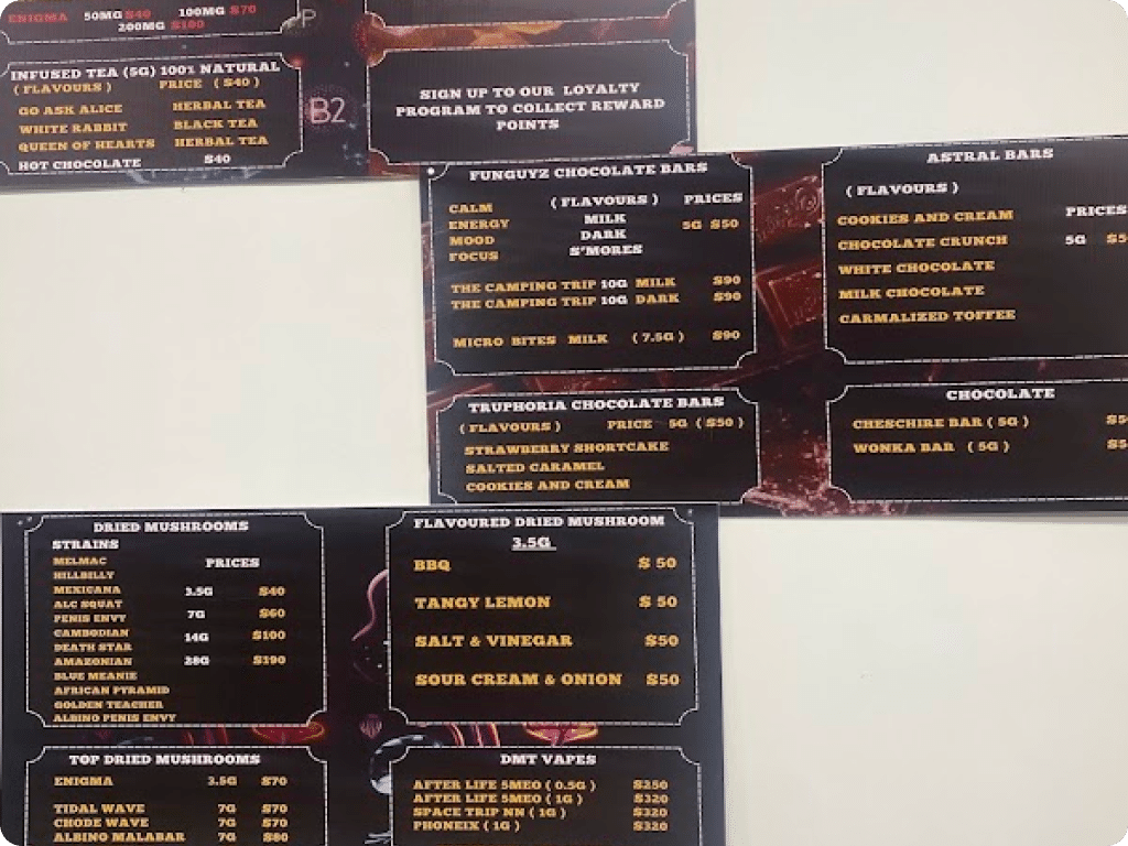 Menu on the wall at Four Winds Drive Funguyz dispensary