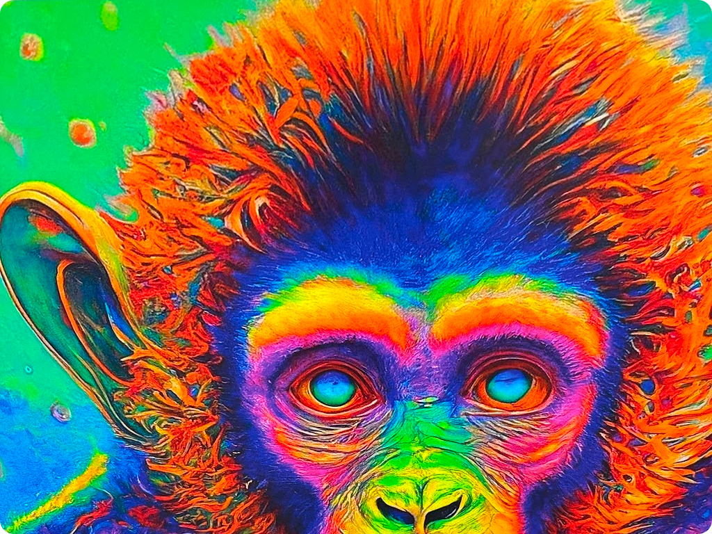 Psychedelic painting of a monkey as a decor element at Four Winds Drive Funguyz dispensary