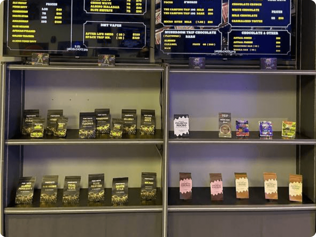 Shelves with products inside Funguyz magic mushrooms dispensary in London