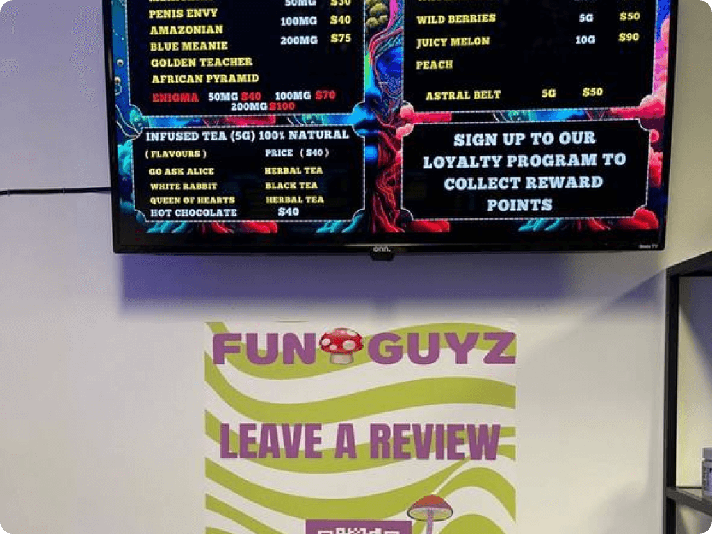 The menu at Funguyz magic mushrooms dispensary in London