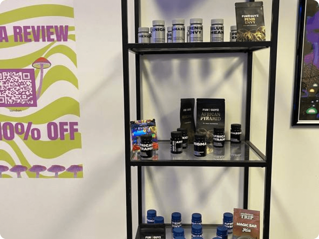 A small shelf with psychedelic edibles at Funguyz magic mushrooms dispensary in London