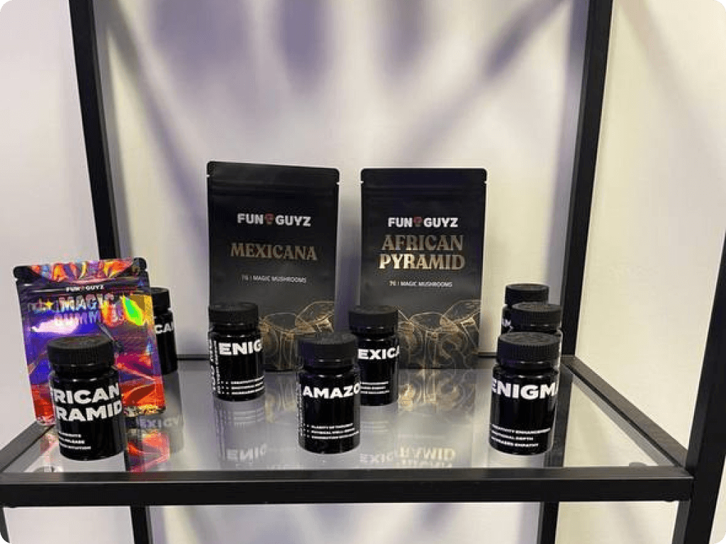 Dried mushrooms and microdosing capsules at Funguyz magic mushrooms dispensary in London