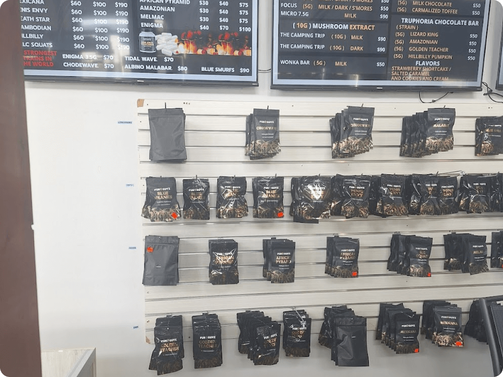 Products on shelves at Funguyz magic mushrooms dispensary in Montreal