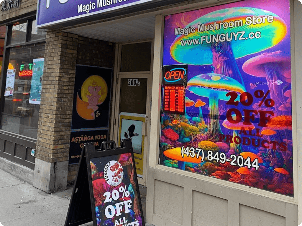Front door at Funguyz magic mushrooms dispensary in Ottawa on Bank Street
