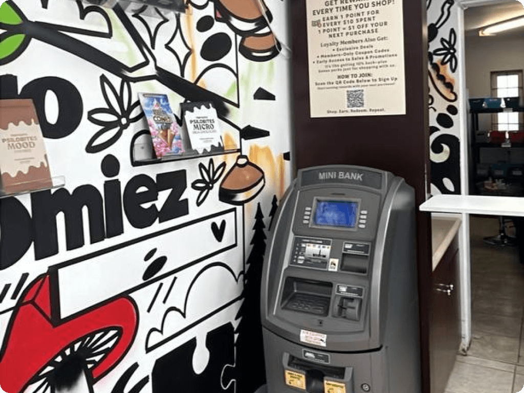 The interior with products and an ATM inside Funguyz magic mushrooms dispensary in Ottawa on Churchill Ave