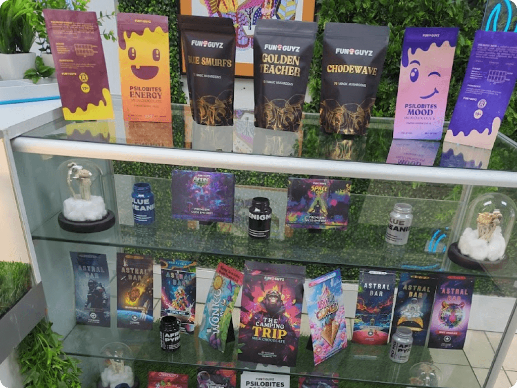 Funguyz magic mushrooms dispensary in Ottawa on Montreal Road, psychedelic products on shelves, bright colorful packs