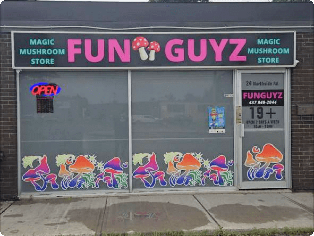 Main entrance to Funguyz magic mushrooms dispensary in Ottawa on Northside Road, view from the street outside