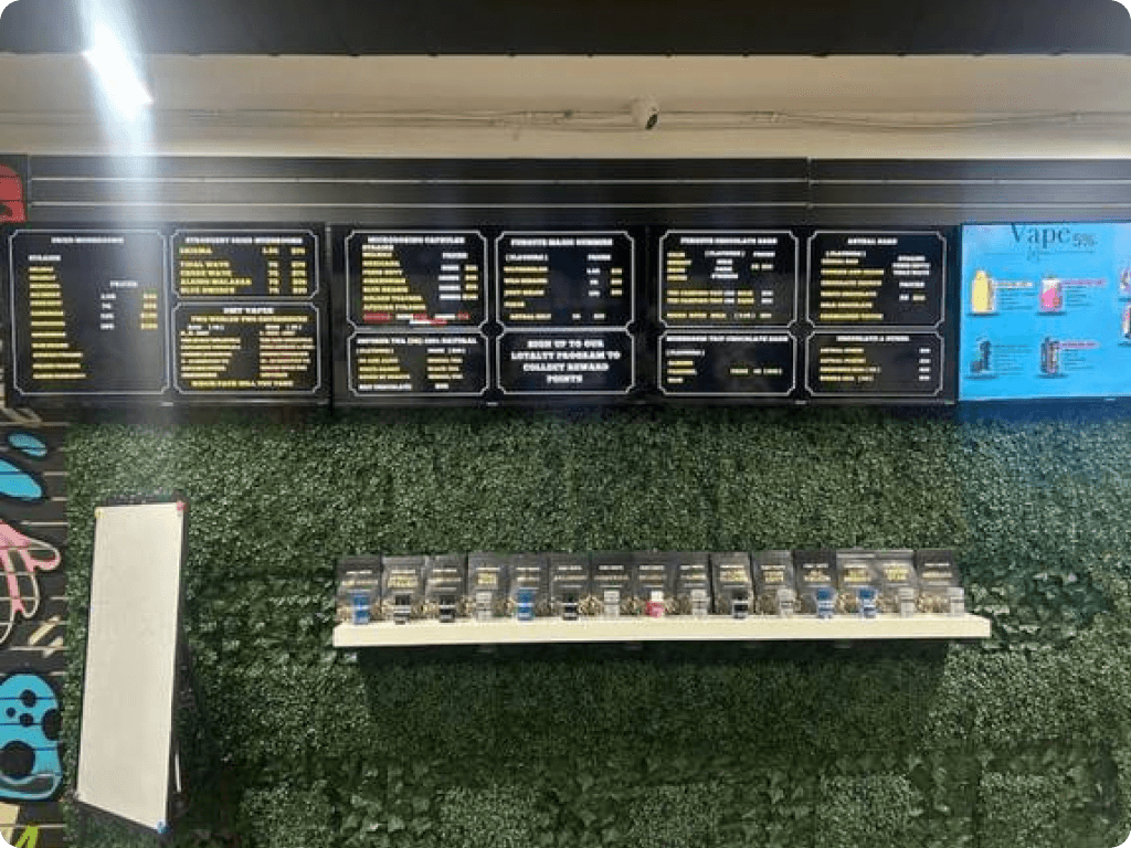 Products on shelves of Funguyz magic mushrooms dispensary in Ottawa on Northside Road
