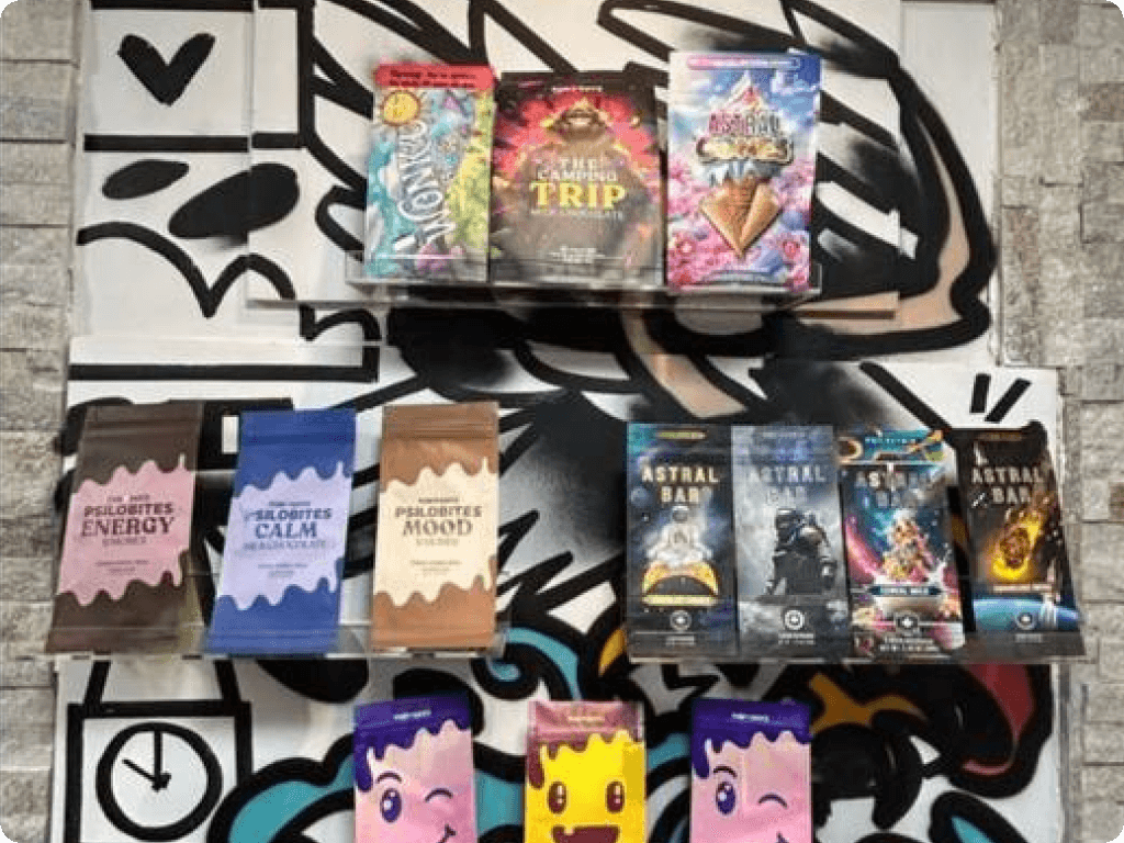 funguyz-magic-mushrooms-dispensary-ottawa-st-laurent-5 Shrooms and edibles, product shelves at Funguyz magic mushrooms dispensary in Ottawa on St Laurent Boulevard