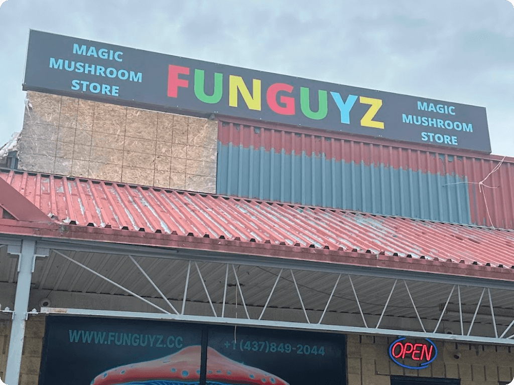 Street signs of Funguyz magic mushrooms dispensary in Scarborough