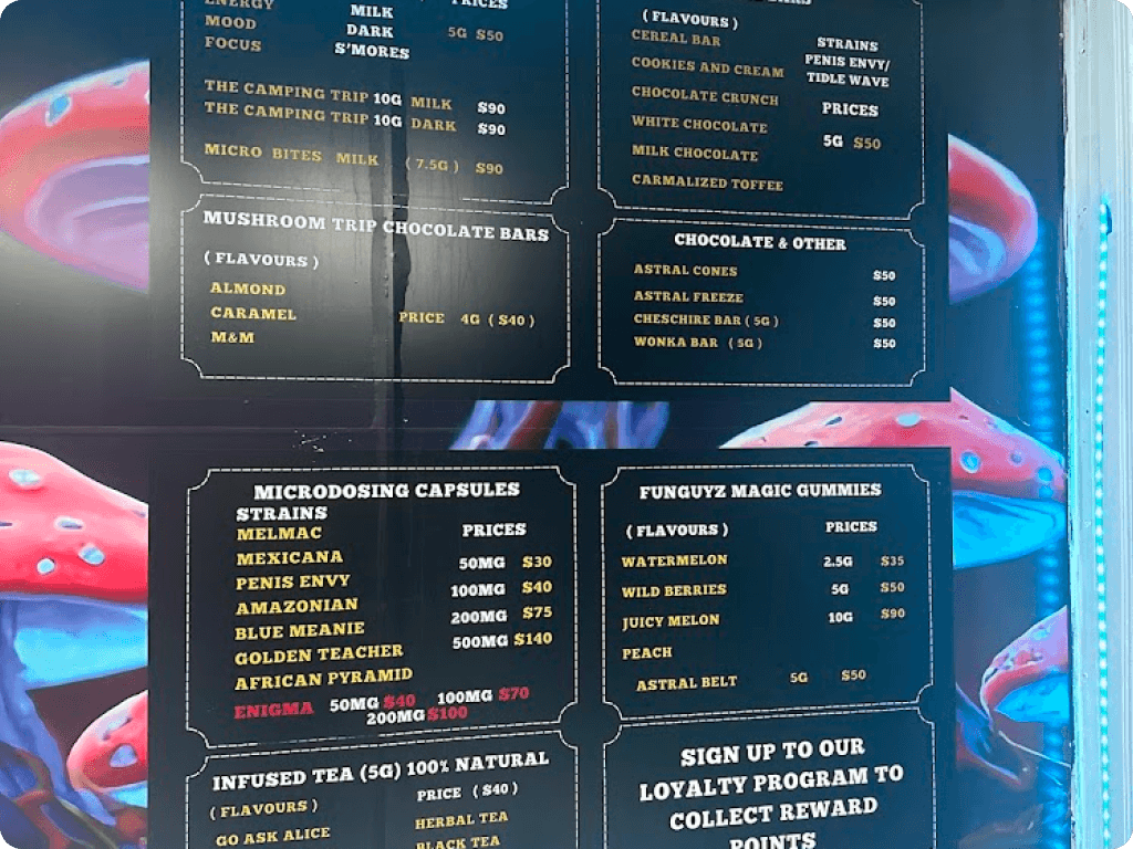The menu at Funguyz magic mushrooms dispensary in Scarborough
