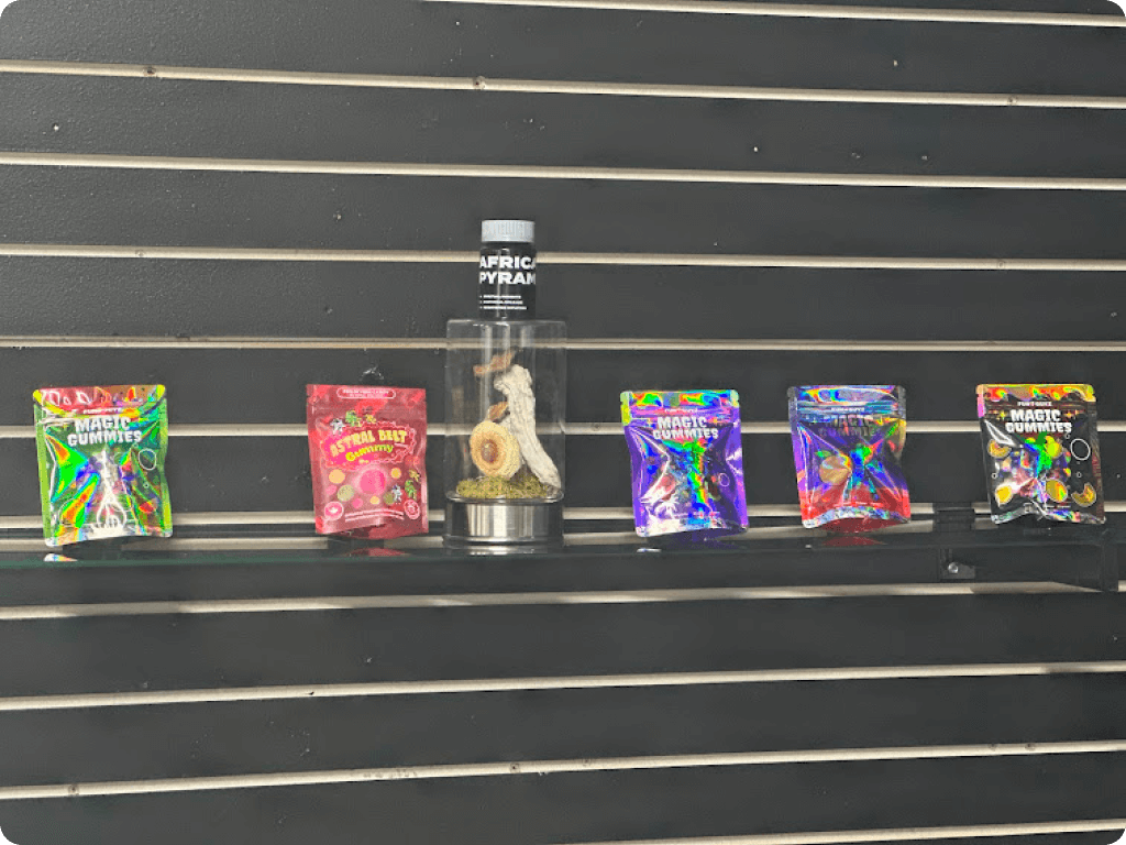 Shelves with products at Funguyz magic mushrooms dispensary in Scarborough