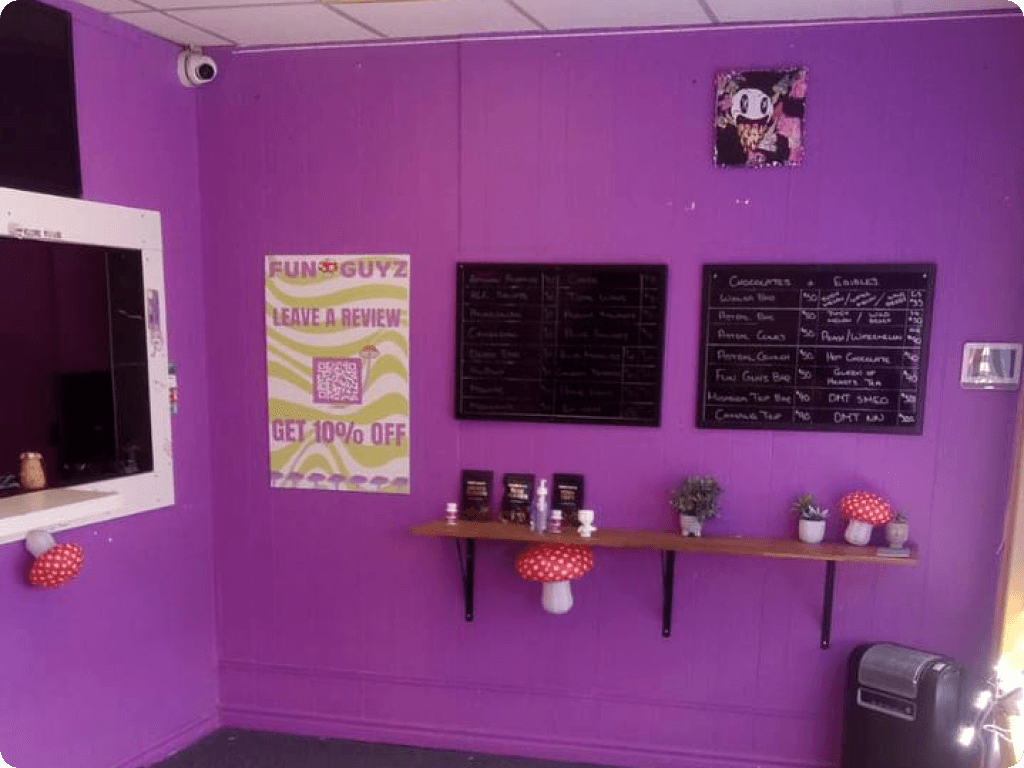 funguyz-magic-mushrooms-dispensary-welland-2 Products on the shelves inside Funguyz magic mushroom dispensary in Welland