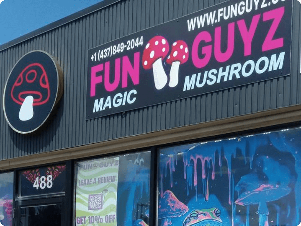 funguyz-magic-mushrooms-dispensary-welland-4 Street signs and the Funguyz logo at Funguyz magic mushroom dispensary in Welland