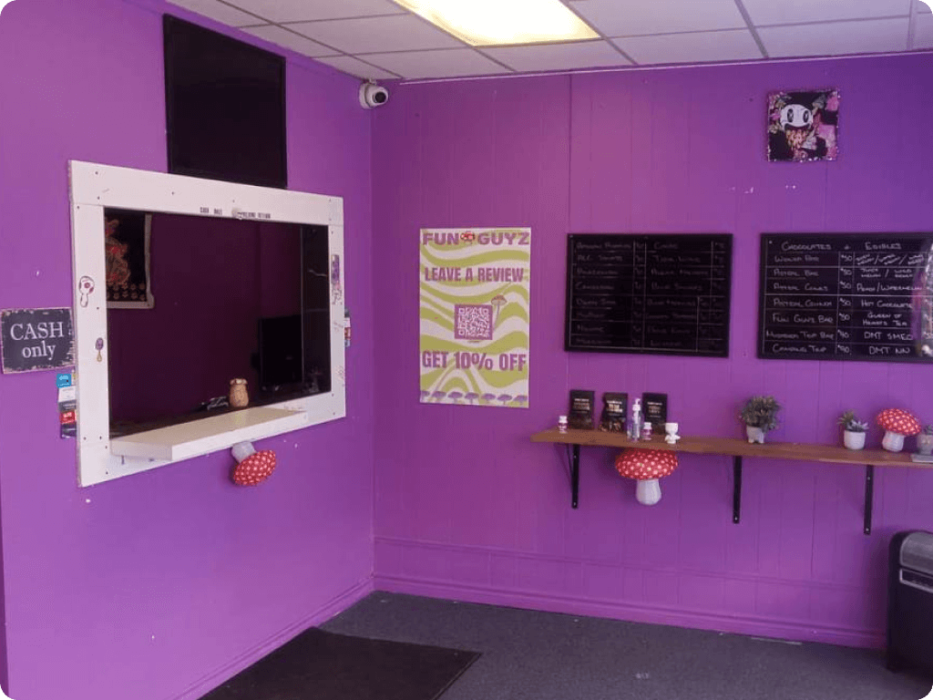 funguyz-magic-mushrooms-dispensary-welland-5 Funguyz magic mushroom dispensary in Welland, the purple interior of the store