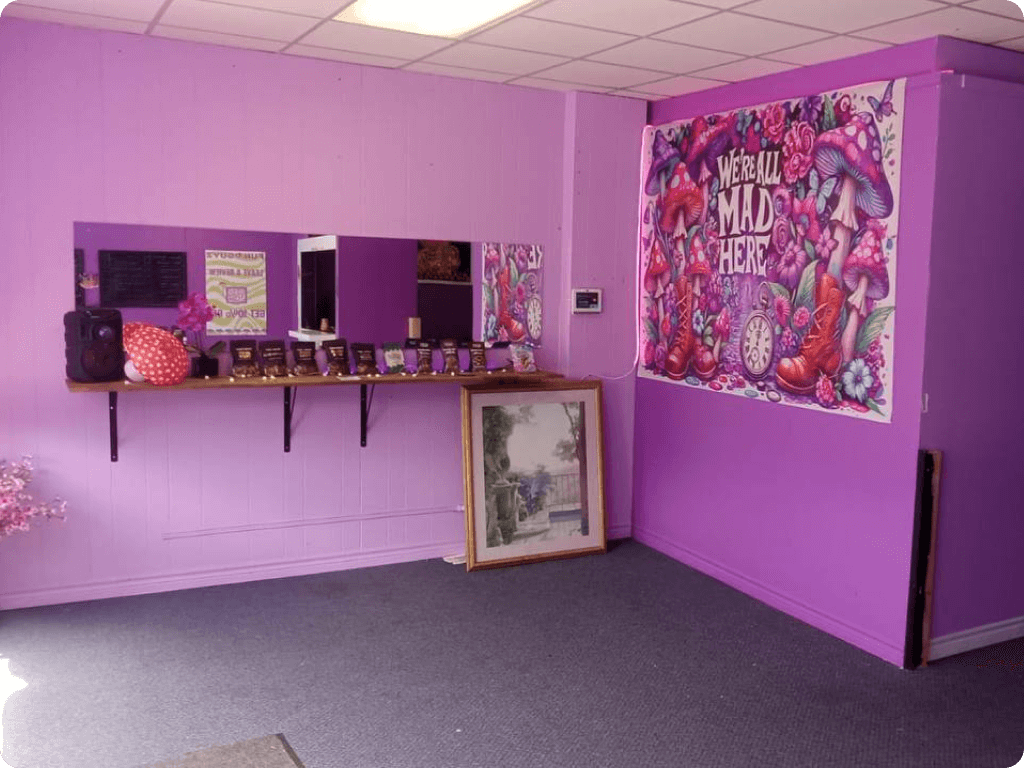 funguyz-magic-mushrooms-dispensary-welland-7 The interior of Funguyz magic mushroom dispensary in Welland, purple walls