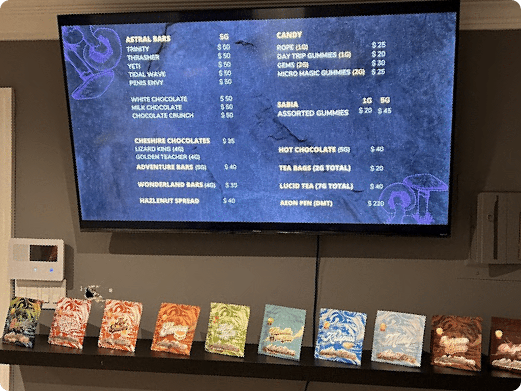 Funguyz North York, store at 1938 Avenue Rd, the menu inside and a shelf with products